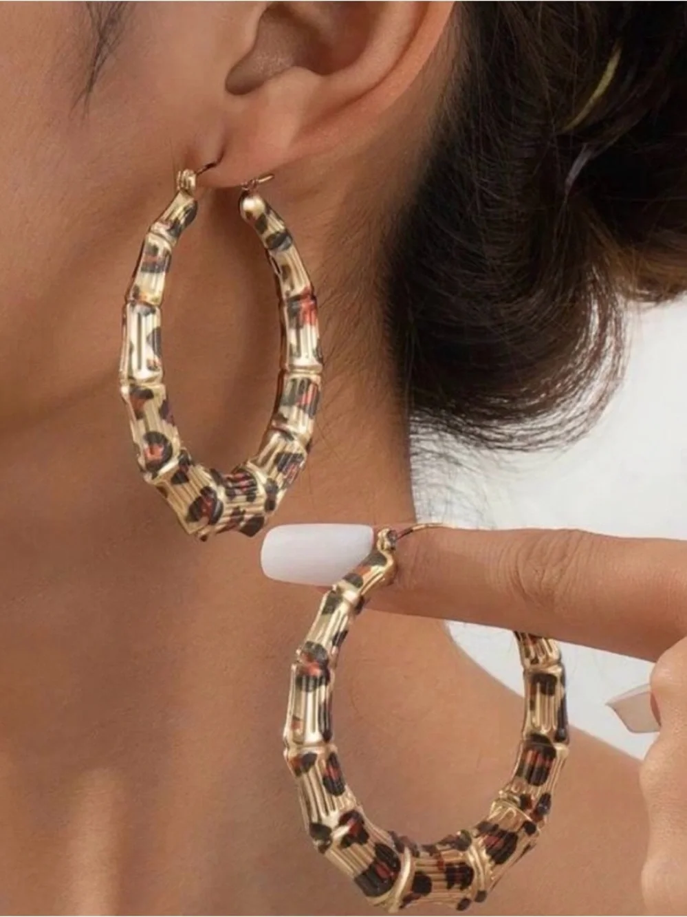 Gold Leopard Bamboo Hoop Earrings - Fashion Women Jewelry